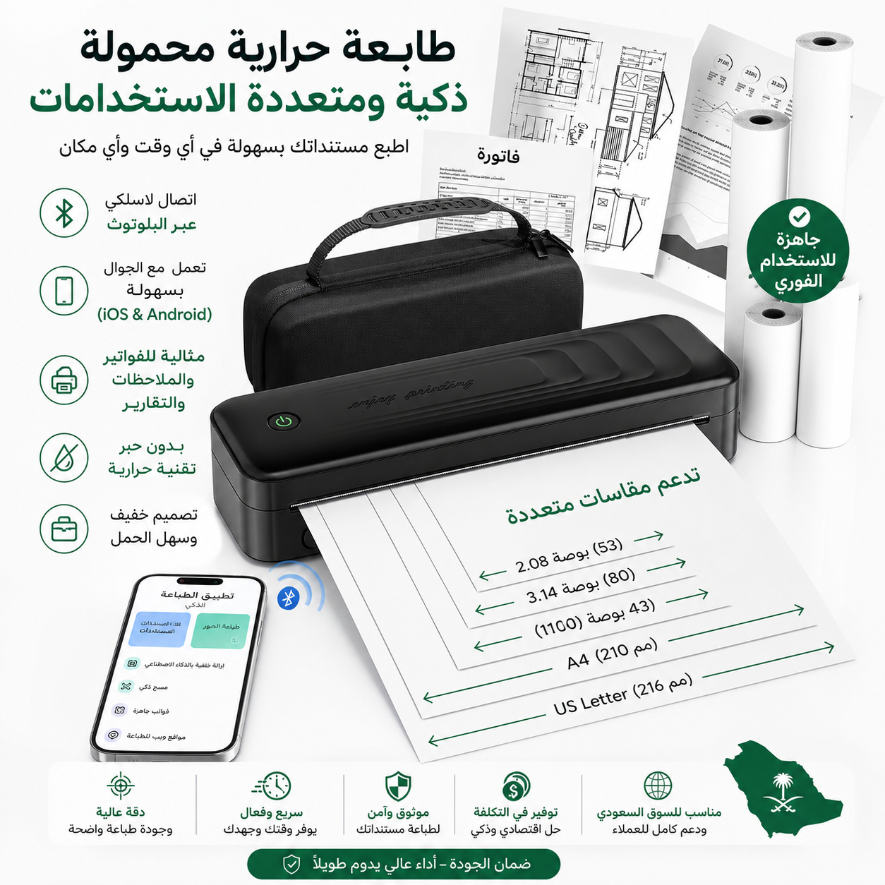 طابعة VEVOR الحرارية المحمولة - بطارية 2600 مللي أمبير، دقة 300 نقطة في البوصة، طابعة بلوتوث محمولة بدون حبر لورق حراري A4 وA5 و8.5 × 11 بوصة، متوافقة مع أنظمة iOS وAndroid وأجهزة الكمبيوتر المحمولة، للاستخدام في السفر والمكتب والمنزل